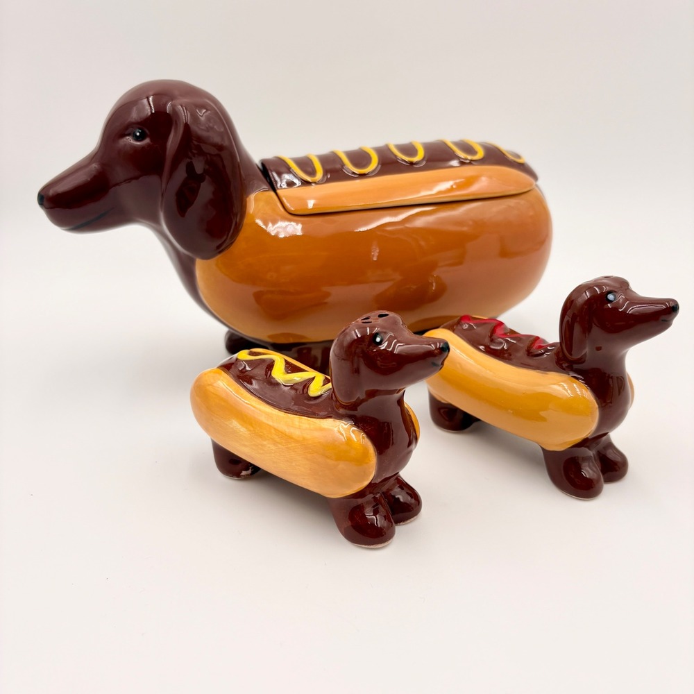 Shades of Summer Dachshund Hot Dog Cookie Jar Salt and Pepper Shaker Set NEW
